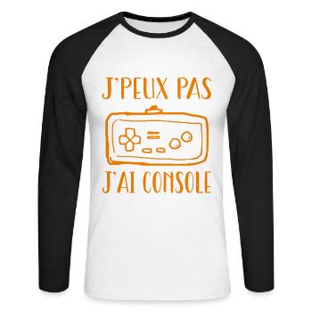 J'peux pas j'ai console - T-shirt baseball manches longues Homme - blanc/noir - Devant - Nik (191cm)