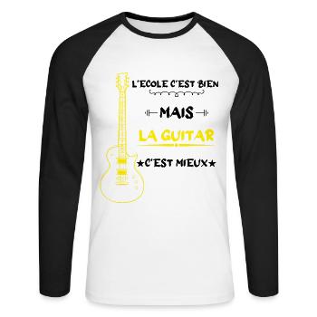 l'école c'est bien mais la guitar c'est mieux - T-shirt baseball manches longues Homme - blanc/noir - Devant - Nik (191cm)
