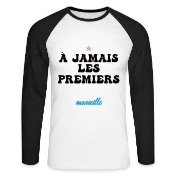1993 A Jamais les premiers - T-shirt baseball manches longues Homme - blanc/noir - Devant - Nik (191cm)