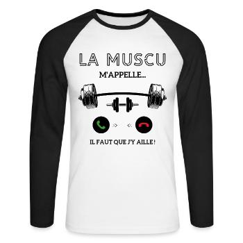 La muscu m’appelle, faut que j’y aille - T-shirt baseball manches longues Homme - blanc/noir - Devant - Nik (191cm)