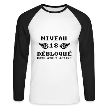 Niveau 18 Débloqué mode adult activé - T-shirt baseball manches longues Homme - blanc/noir - Devant - Nik (191cm)