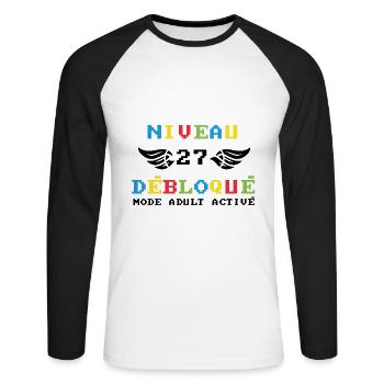 Niveau 27 débloqué mode adult activé - T-shirt baseball manches longues Homme - blanc/noir - Devant - Nik (191cm)
