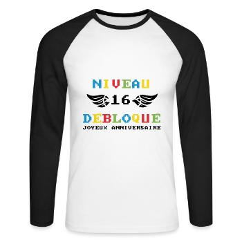 Niveau 16 Débloqué joyeux anniversaire - T-shirt baseball manches longues Homme - blanc/noir - Devant - Nik (191cm)