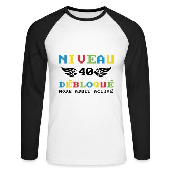 Niveau 40 débloqué mode adult activé - T-shirt baseball manches longues Homme - blanc/noir - Devant - Nik (191cm)
