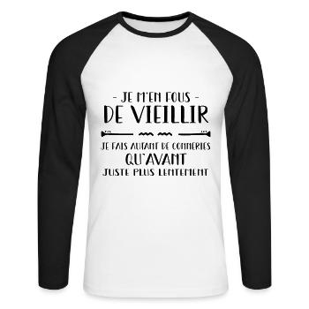 Je m en fous de VieilliR - T-shirt baseball manches longues Homme - blanc/noir - Devant - Nik (191cm)
