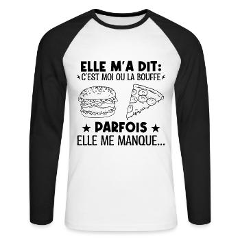 Elle a dit moi ou la bouffe elle me manque parfois - T-shirt baseball manches longues Homme - blanc/noir - Devant - Nik (191cm)