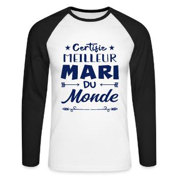 Certifié meilleur mari du monde - T-shirt baseball manches longues Homme - blanc/noir - Devant - Nik (191cm)