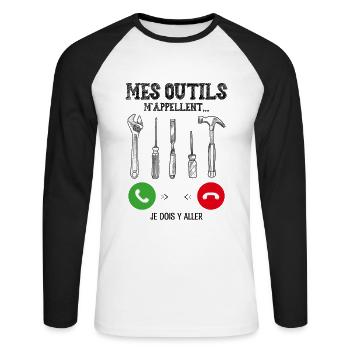 Mes outils M'appellent je dois y'aller - T-shirt baseball manches longues Homme - blanc/noir - Devant - Nik (191cm)