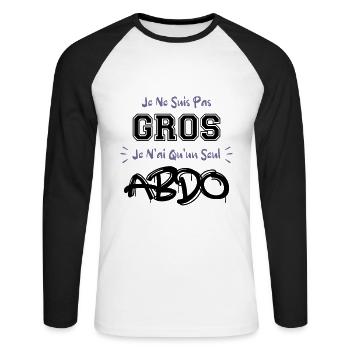 Humour gros, suis pas gros je n'ai qu'un seul abdo - T-shirt baseball manches longues Homme - blanc/noir - Devant - Nik (191cm)