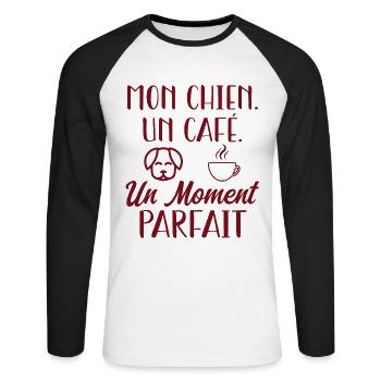 Mon chien,un café, moment parfait. Cadeau original - T-shirt baseball manches longues Homme - blanc/noir - Devant - Nik (191cm)