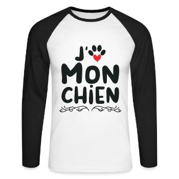 J aime mon chien - T-shirt baseball manches longues Homme - blanc/noir - Devant - Nik (191cm)