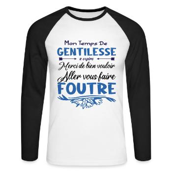 Mon temps de gentillesse a expiré - T-shirt baseball manches longues Homme - blanc/noir - Devant - Nik (191cm)