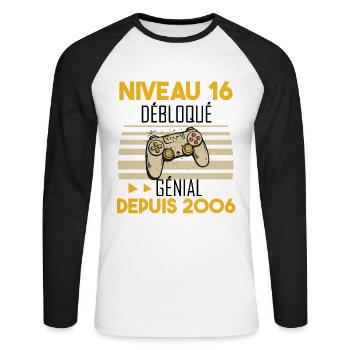 niveau 16 débloqué génial depuis 2006 - T-shirt baseball manches longues Homme - blanc/noir - Devant - Nik (191cm)