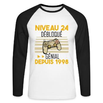 niveau 24 débloqué génial depuis 1998 - T-shirt baseball manches longues Homme - blanc/noir - Devant - Nik (191cm)