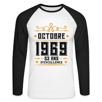 Octobre 1969 53 Ans d'excellence - T-shirt baseball manches longues Homme - blanc/noir - Devant - Nik (191cm)