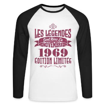 les légendes Sont Nées En Novembre 1969 . Annive - T-shirt baseball manches longues Homme - blanc/noir - Devant - Nik (191cm)