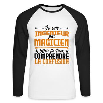 je suis Ingénieur pas magicien - T-shirt baseball manches longues Homme - blanc/noir - Devant - Nik (191cm)