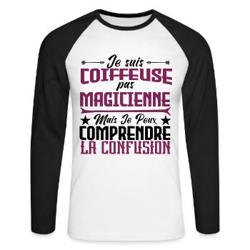 je suis Coiffeuse pas magicienne - T-shirt baseball manches longues Homme - blanc/noir - Devant - Nik (191cm)
