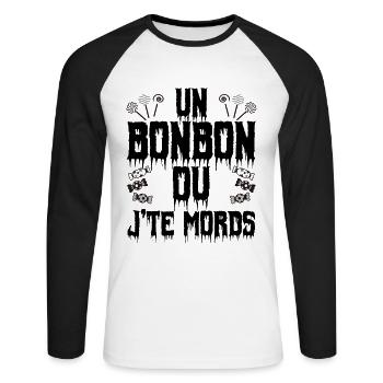 Humour-Un bonbon ou je te mords. - T-shirt baseball manches longues Homme - blanc/noir - Devant - Nik (191cm)