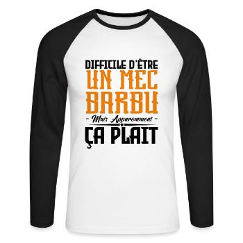mec barbu, citations barbe, cadeau mec - T-shirt baseball manches longues Homme - blanc/noir - Devant - Nik (191cm)