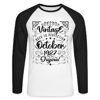 Vintage born in October 1987 - anniversary gift. - Unisex Long Sleeve Baseball T-Shirt - white/black - Front - Nik (191cm)