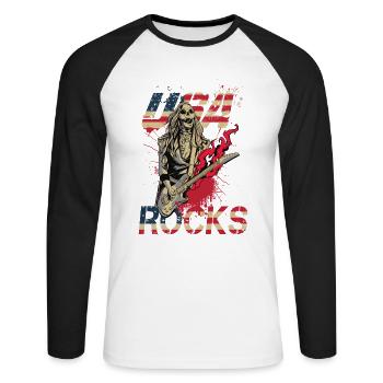 Uas rocks 80s Music Skull with Guitar Rock & Roll - Unisex Long Sleeve Baseball T-Shirt - white/black - Front - Nik (191cm)