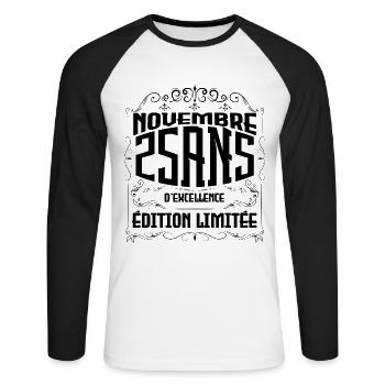Novembre 25 Ans - idée cadeau d'Anniversaire. - T-shirt baseball manches longues Homme - blanc/noir - Devant - Nik (191cm)