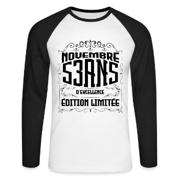 Novembre 53 Ans - idée cadeau d'Anniversaire. - T-shirt baseball manches longues Homme - blanc/noir - Devant - Nik (191cm)
