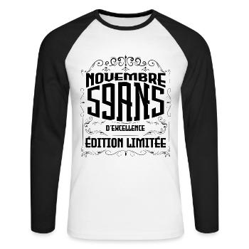 Novembre 59 Ans - idée cadeau d'Anniversaire. - T-shirt baseball manches longues Homme - blanc/noir - Devant - Nik (191cm)