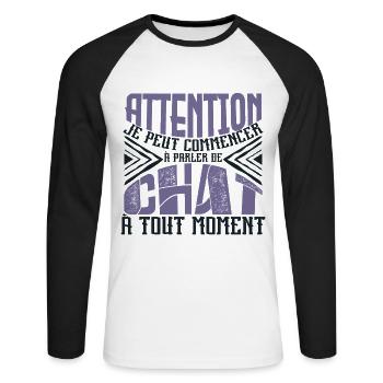 Avertissement, chat à tout moment. - T-shirt baseball manches longues Homme - blanc/noir - Devant - Nik (191cm)