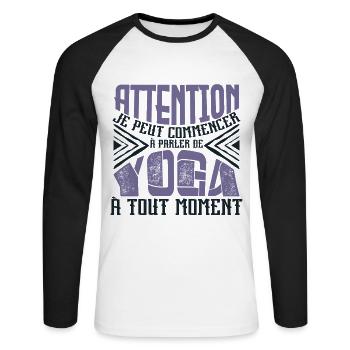 Avertissement, Yoga à tout moment. - T-shirt baseball manches longues Homme - blanc/noir - Devant - Nik (191cm)