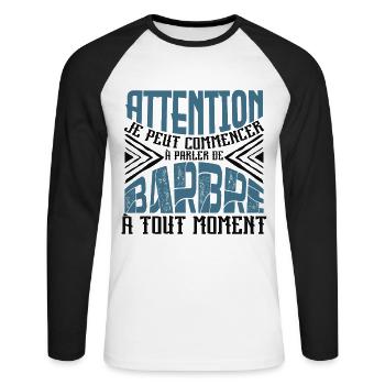 Avertissement, Barbe à tout moment. - T-shirt baseball manches longues Homme - blanc/noir - Devant - Nik (191cm)