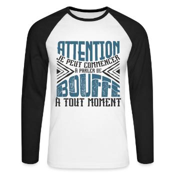 Avertissement, bouffe à tout moment. - T-shirt baseball manches longues Homme - blanc/noir - Devant - Nik (191cm)