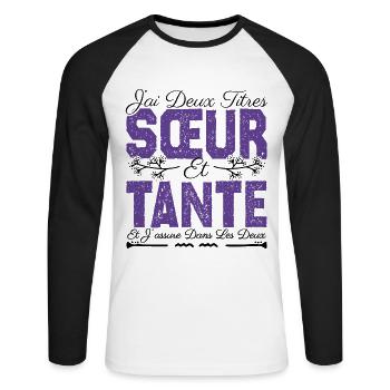 J'ai deux titres Sœur et tante. Cadeau soeur. - T-shirt baseball manches longues Homme - blanc/noir - Devant - Nik (191cm)