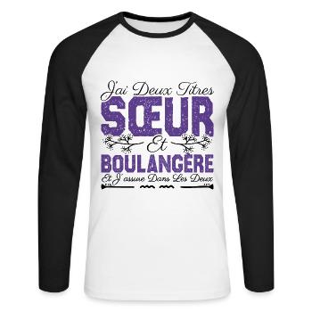 J'ai deux titres Sœur et Boulangère. Cadeau soeur. - T-shirt baseball manches longues Homme - blanc/noir - Devant - Nik (191cm)