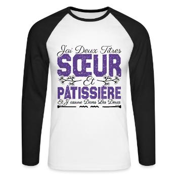J'ai deux titres Sœur et Pâtissière. Cadeau soeur. - T-shirt baseball manches longues Homme - blanc/noir - Devant - Nik (191cm)