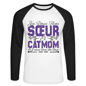 J'ai deux titres Sœur et catmom. Cadeau soeur.chat - T-shirt baseball manches longues Homme - blanc/noir - Devant - Nik (191cm)
