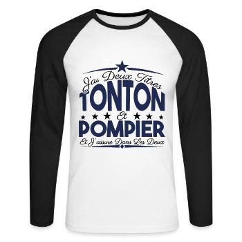 J'ai deux titres tonton et pompier. Cadeau tonton. - T-shirt baseball manches longues Homme - blanc/noir - Devant - Nik (191cm)