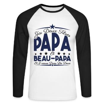 J'ai deux titres Papa et Beau papa, Cadeau Papa. - T-shirt baseball manches longues Homme - blanc/noir - Devant - Nik (191cm)