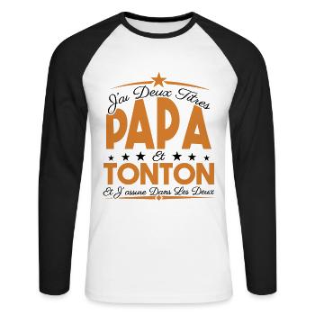 J'ai deux titres Papa et Tonton, Cadeau Papa. - T-shirt baseball manches longues Homme - blanc/noir - Devant - Nik (191cm)