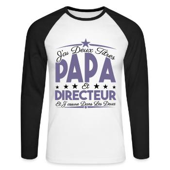 J'ai deux titres Papa et directeur, Cadeau Papa. - T-shirt baseball manches longues Homme - blanc/noir - Devant - Nik (191cm)