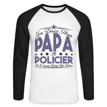 J'ai deux titres Papa et Policier, Cadeau Papa. - T-shirt baseball manches longues Homme - blanc/noir - Devant - Nik (191cm)