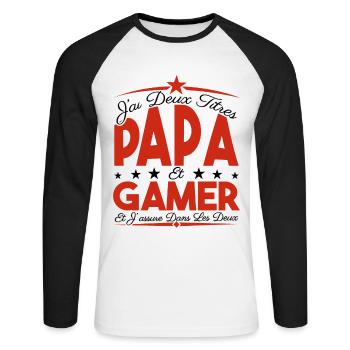 J'ai deux titres Papa et Gamer, Cadeau Papa. - T-shirt baseball manches longues Homme - blanc/noir - Devant - Nik (191cm)