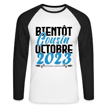 Annonce grossesse. bientôt Cousin Octobre 2023. - T-shirt baseball manches longues Homme - blanc/noir - Devant - Nik (191cm)
