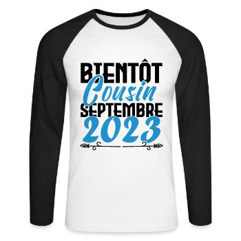 Annonce grossesse. bientôt Cousin Septembre 2023. - T-shirt baseball manches longues Homme - blanc/noir - Devant - Nik (191cm)