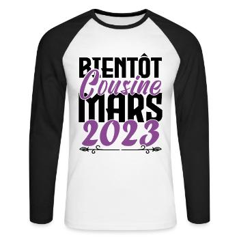 Annonce grossesse. bientôt Cousine Mars 2023. - T-shirt baseball manches longues Homme - blanc/noir - Devant - Nik (191cm)
