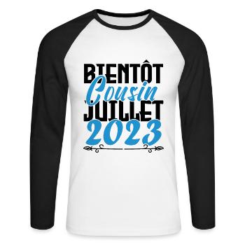 Annonce grossesse bientôt Cousin Juillet 2023. - T-shirt baseball manches longues Homme - blanc/noir - Devant - Nik (191cm)