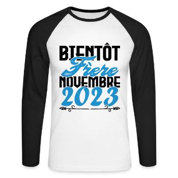 Annonce grossesse. bientôt Frère Novembre 2023. - T-shirt baseball manches longues Homme - blanc/noir - Devant - Nik (191cm)