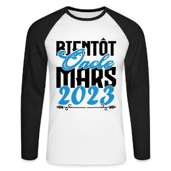 Cadeau Annonce grossesse. bientôt Oncle Mars 2023. - T-shirt baseball manches longues Homme - blanc/noir - Devant - Nik (191cm)