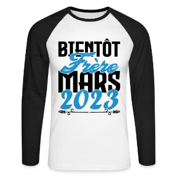 Cadeau Annonce grossesse. bientôt Frère Mars 2023. - T-shirt baseball manches longues Homme - blanc/noir - Devant - Nik (191cm)